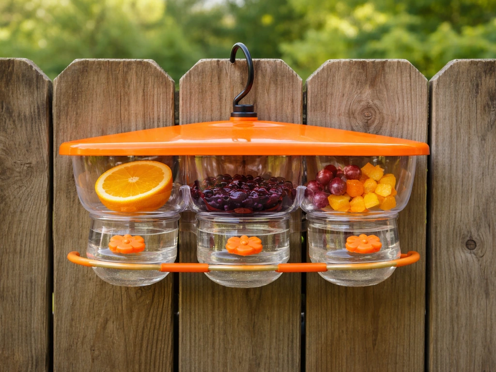 A Perky-Pet Fruit Trio oriole feeder holding nectar and fruit pieces outdoors on a small branch.
