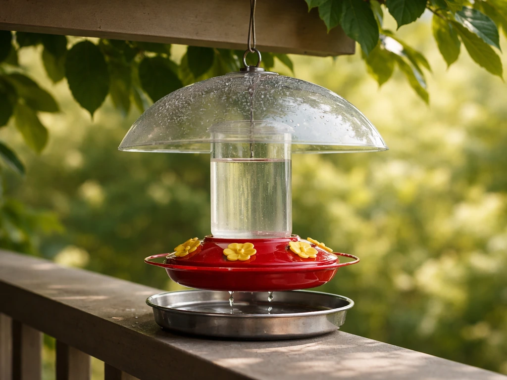 Plastic nectar feeder in partial shade with a simple rain cover and cooling in warm summer light