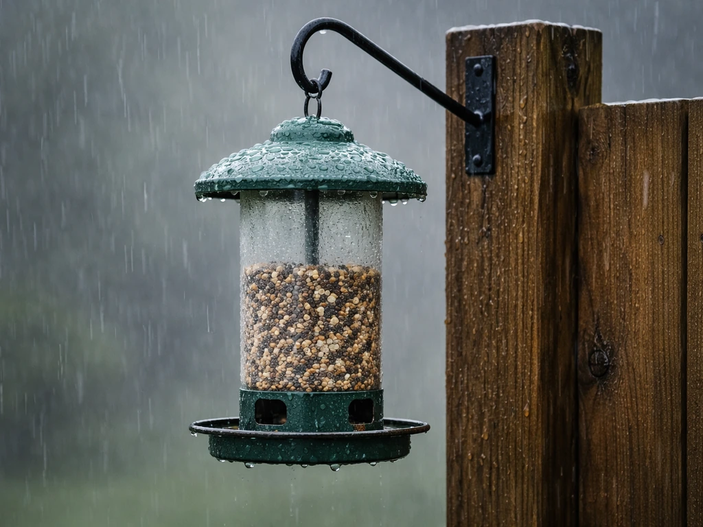 Rain-soaked bird feeder mounted on a fence post in windy weather, droplets on the housing.