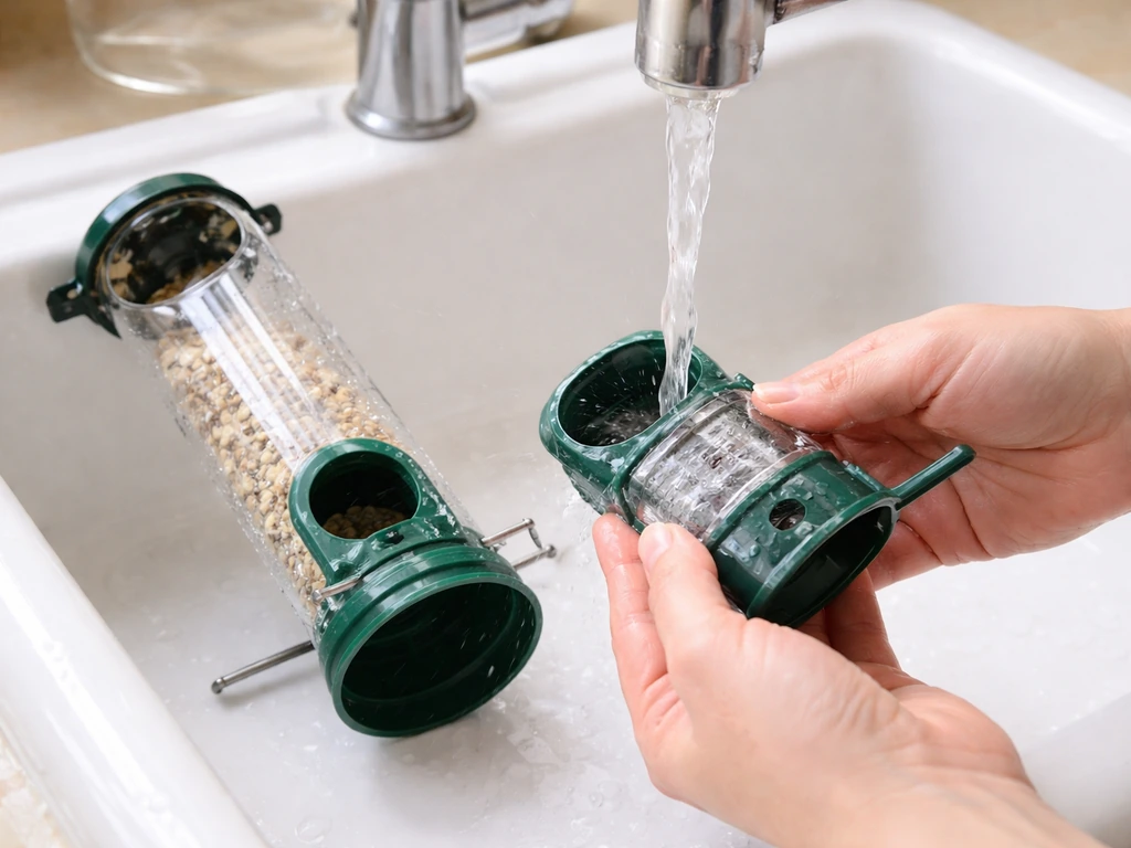 Close-up of a bird feeder hopper port being opened and a hand rinsing parts in a sink.