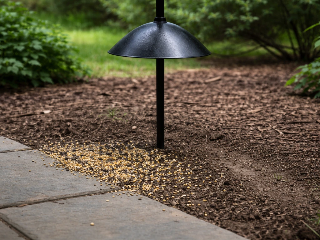 Bird feeder pole with a squirrel baffle and fallen seed on the ground in a quiet backyard.