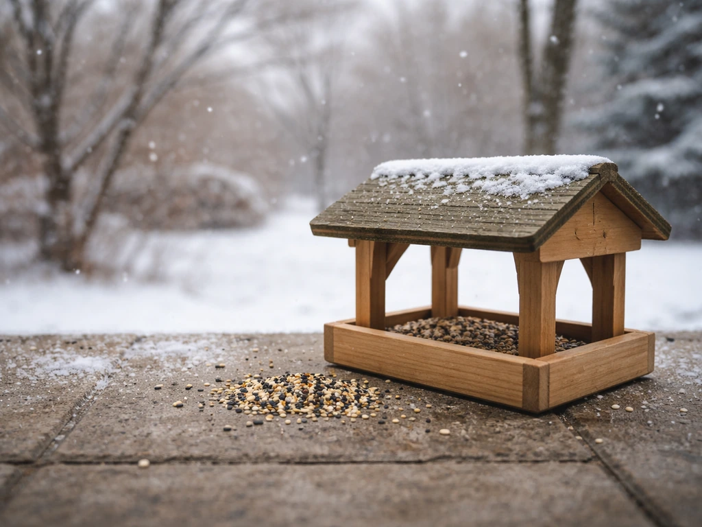 Minimal winter backyard bird feeder with seed on a patio and snow in the background