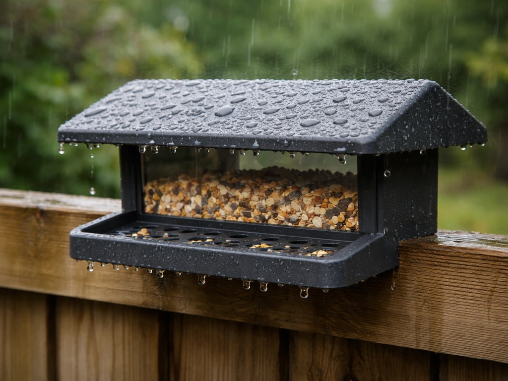 Closeup of a weatherproof bird feeder showing wide roof overhang and tray drainage holes in light rain