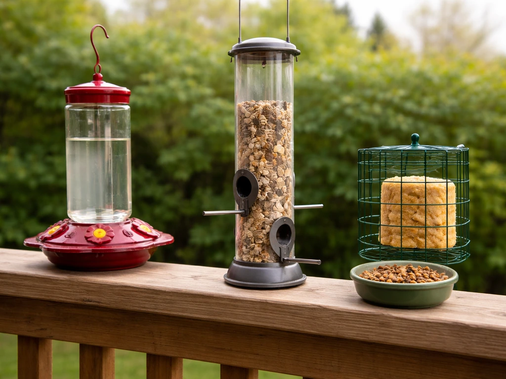 Backyard feeders showing a red hummingbird nectar feeder, a seed tube feeder, and a suet/mealworm feeder.