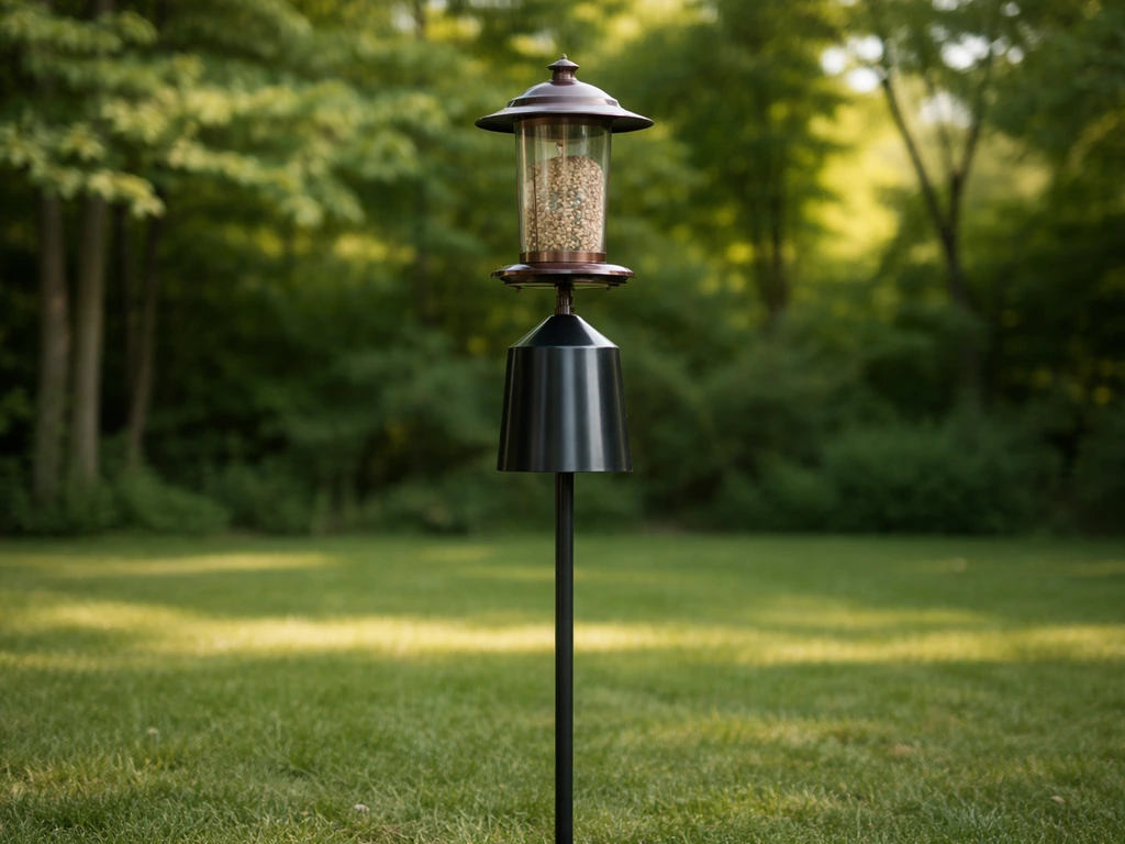 Smooth metal baffle on a pole above a bird feeder, set in a quiet backyard to deter squirrels