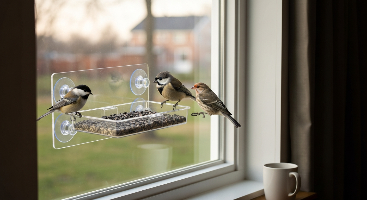 Indoor view of a clear suction-cup window bird feeder with small birds perched, seen through a window.