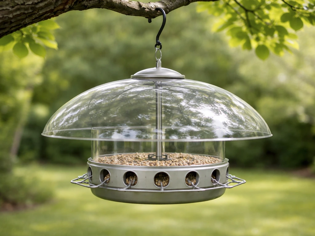 Dome-style hanging bird feeder with eight feeding ports suspended from a branch in a backyard.