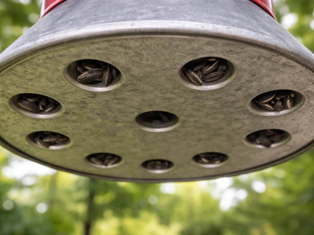 Close-up of an 8-port clinging bird feeder showing feeding holes with black-oil sunflower seeds.