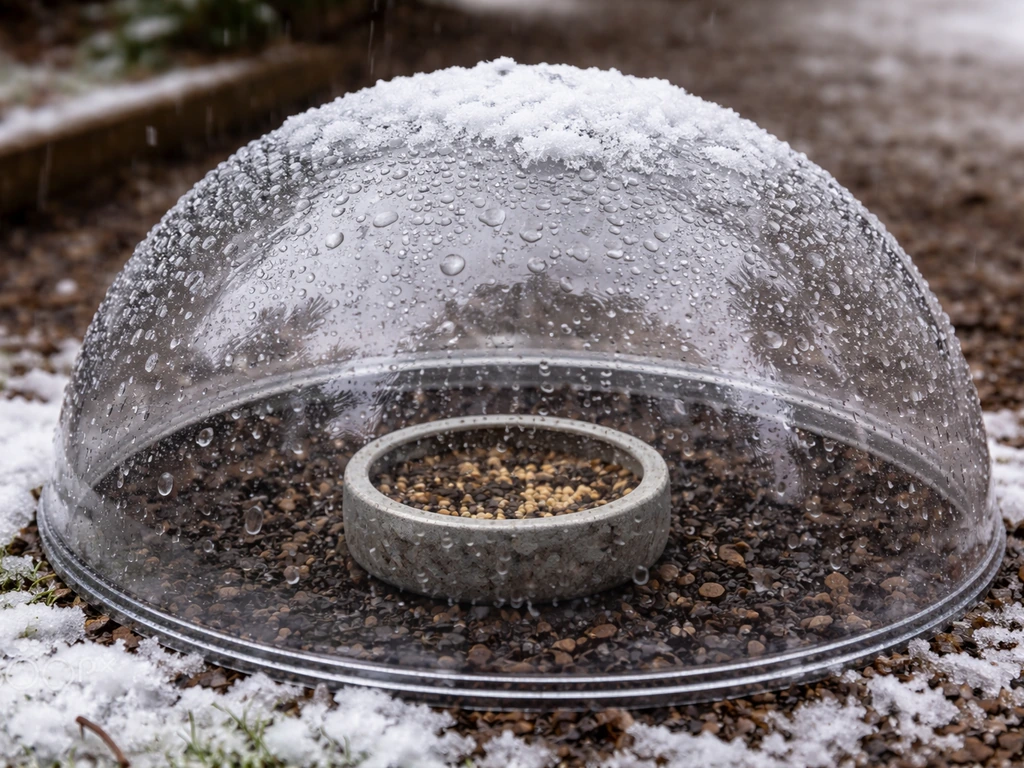 Clear polycarbonate dome with snow and raindrops on top, sheltering a dry seed bowl beneath.