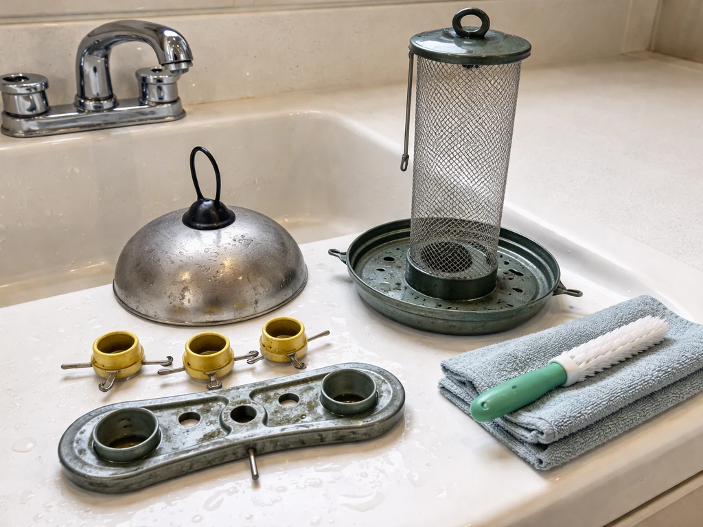 Disassembled bird feeder components laid out near a utility sink with a brush and towel for cleaning.