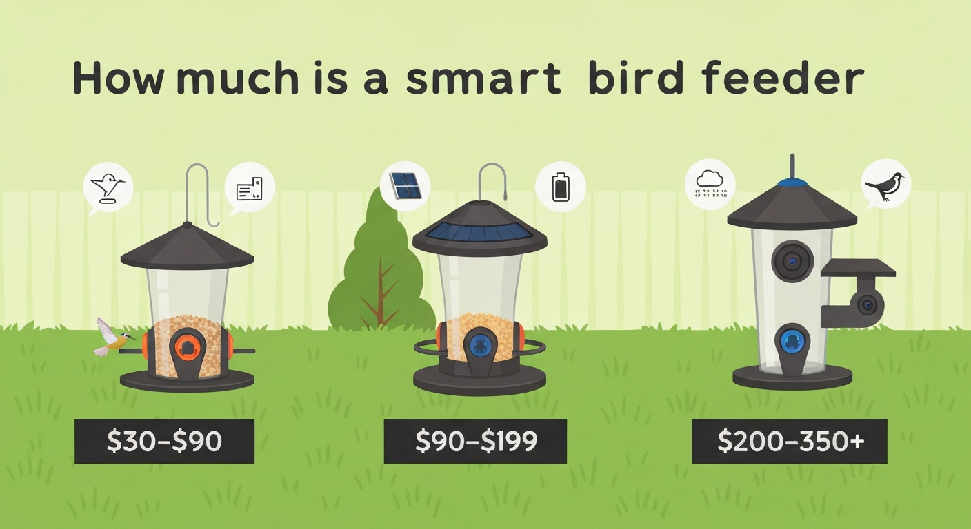 Illustration of three smart bird feeders (budget, midrange, premium) in a backyard with icons for camera, solar, cloud subscription and price labels.