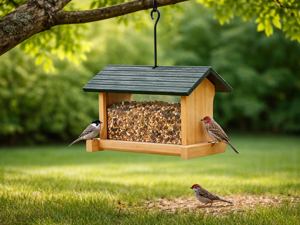 Backyard bird feeder filled with seed with small birds perched nearby under natural light.