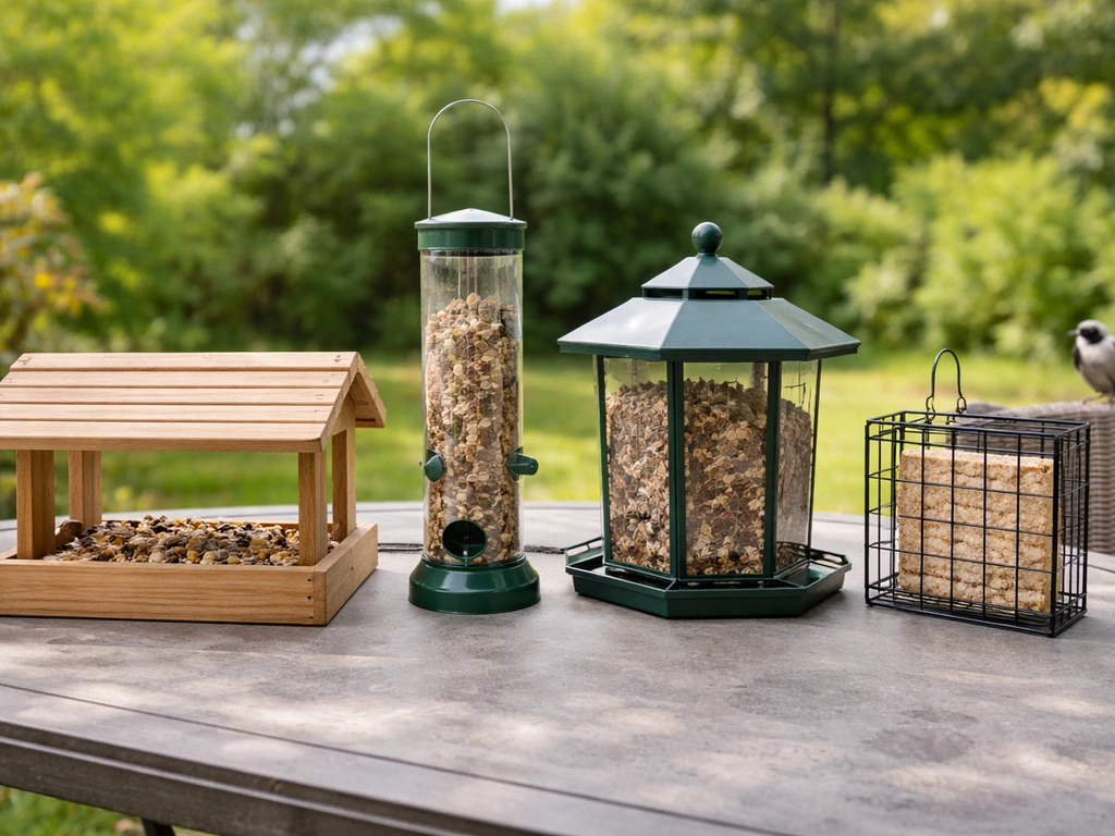 Four bird feeders—platform, tube, hopper, and suet cage—lined up side-by-side on a patio table.