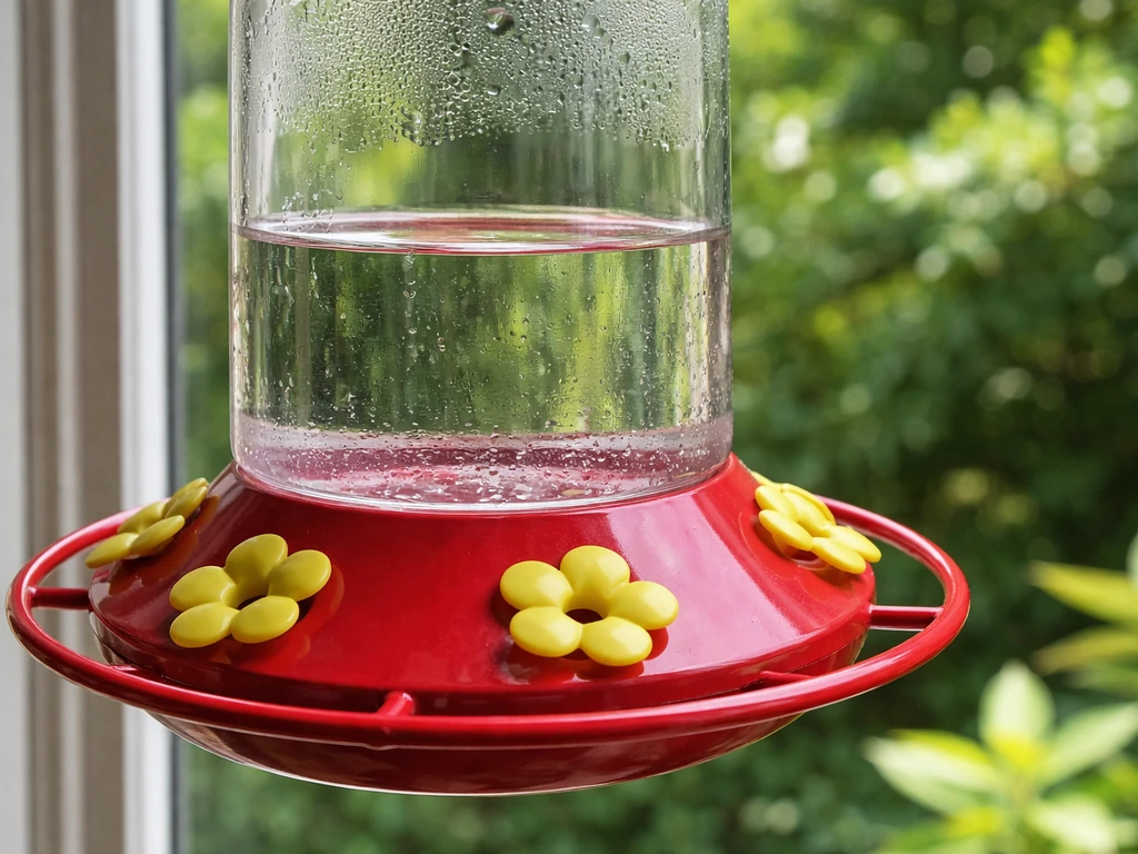 Close-up of a hanging nectar feeder with clear sugar-water solution and feeding ports.