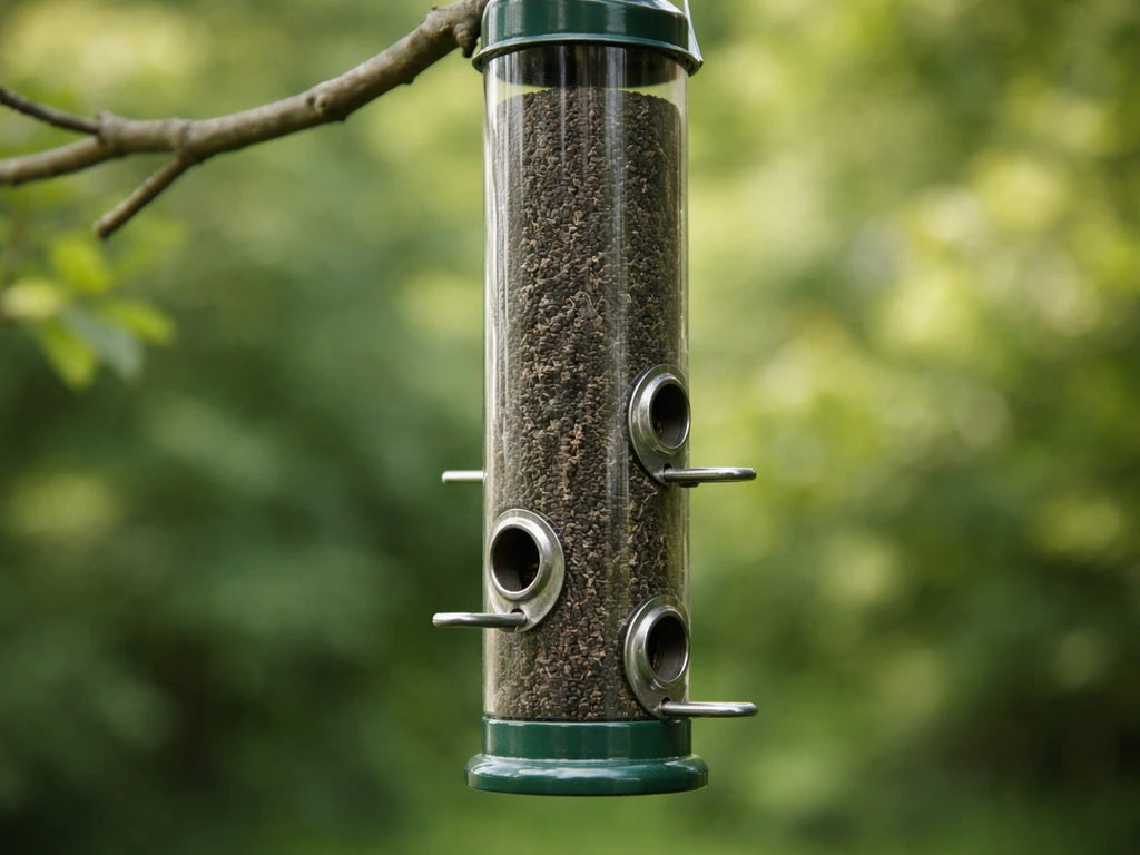 Close-up of a thistle (nyjer) tube feeder with tiny ports and visible thistle seeds