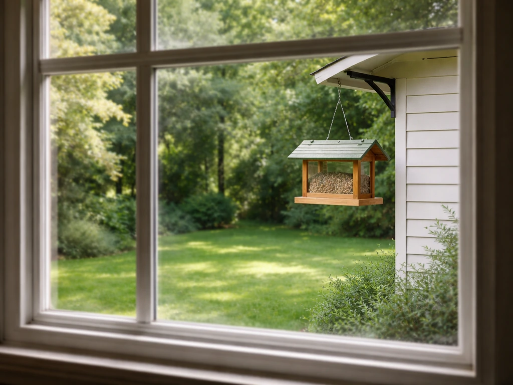 Bird feeder mounted safely near a window with clear line of sight, showing safe distance from the glass.