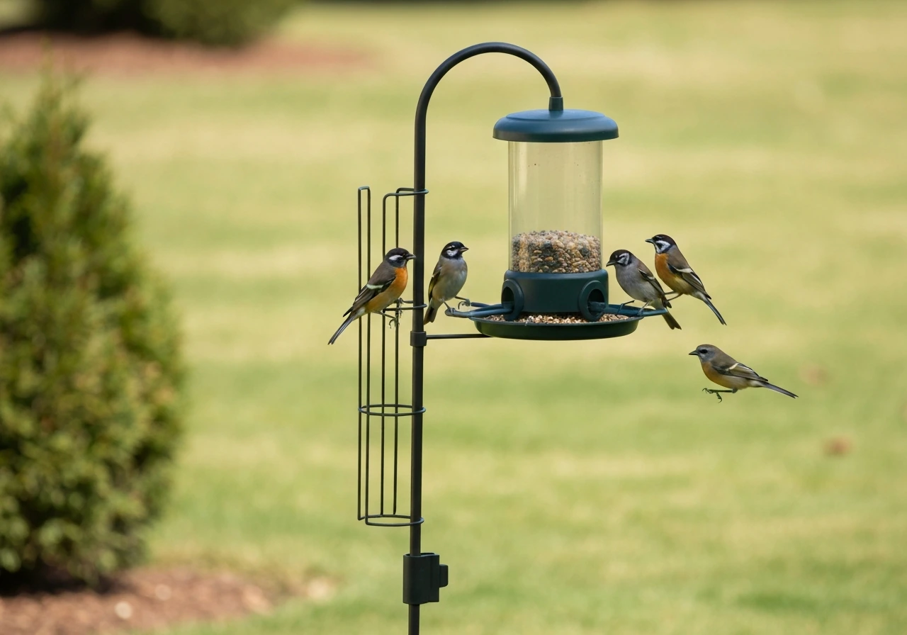 Daylight backyard with an automatic bird feeder on a baffle pole and songbirds feeding on the tray.