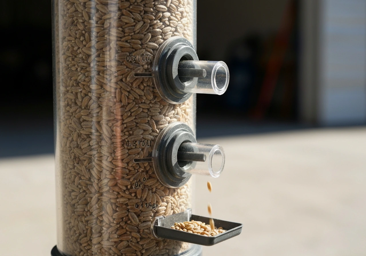 Close-up of an enclosed tube feeder with adjustable ports dispensing seeds, showing dry seed storage.