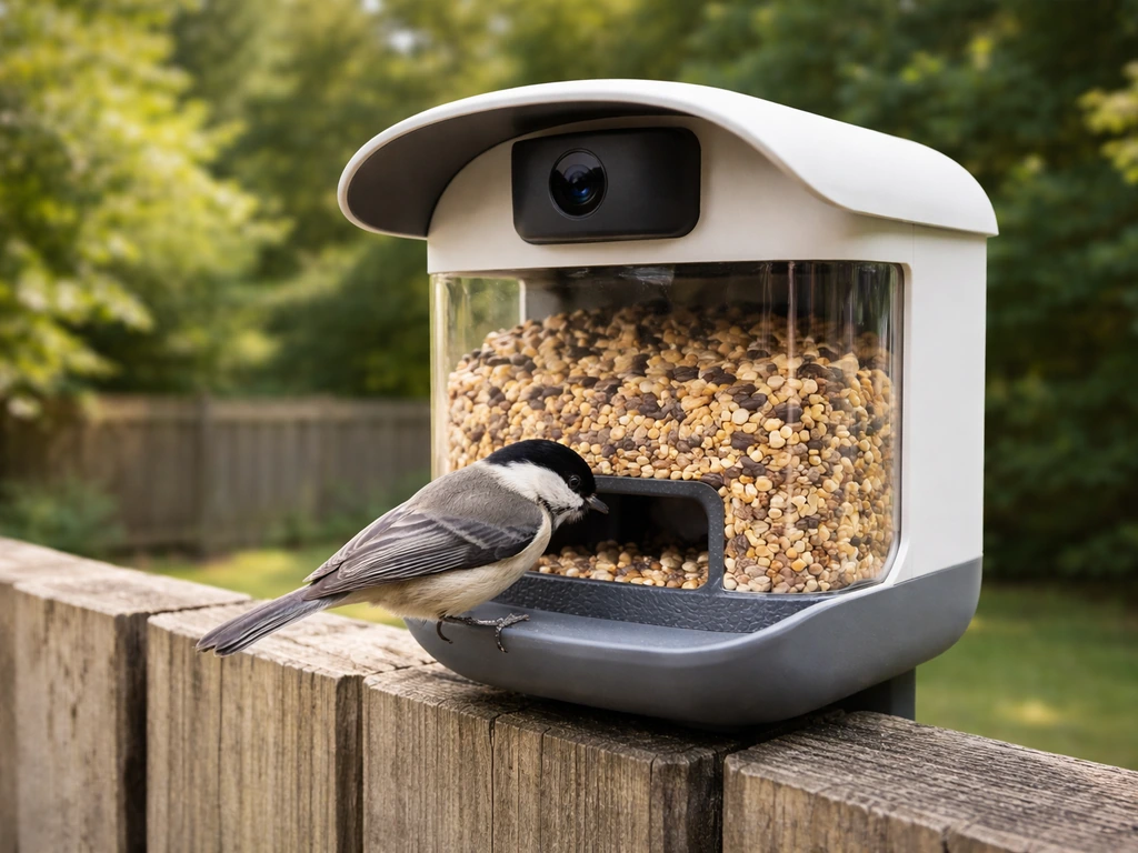 Smart camera bird feeder outdoors with a small bird landing at the seed port, camera visible above.