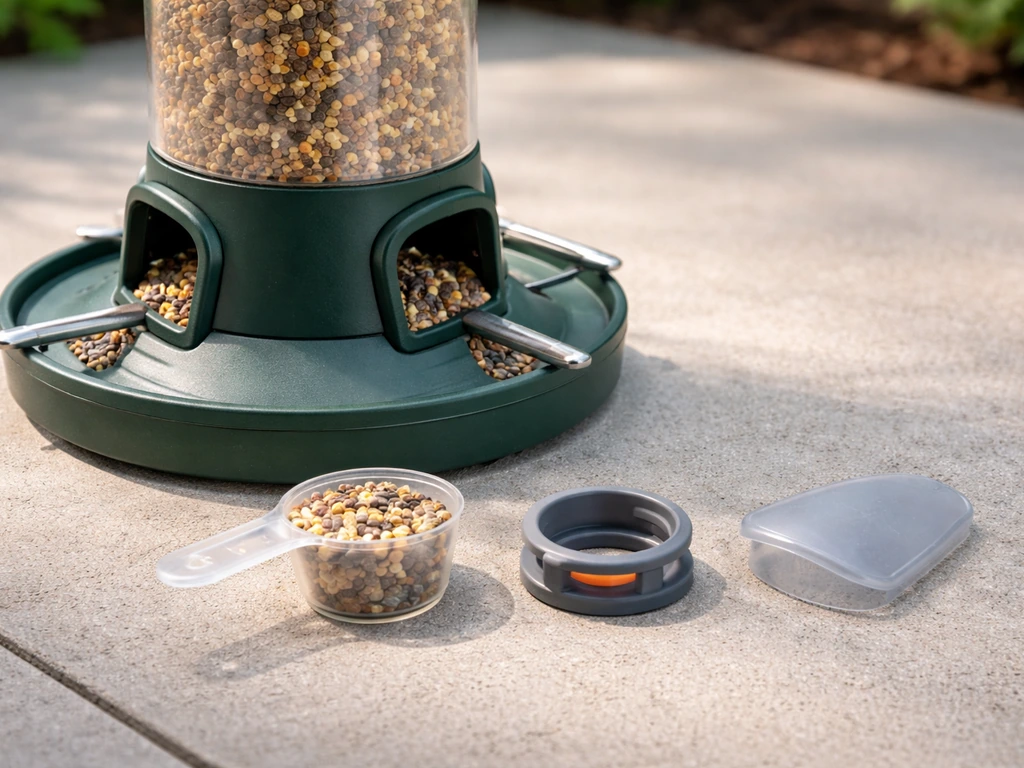Close-up of an automatic bird feeder base with three small spec-related items beside it, outdoors.