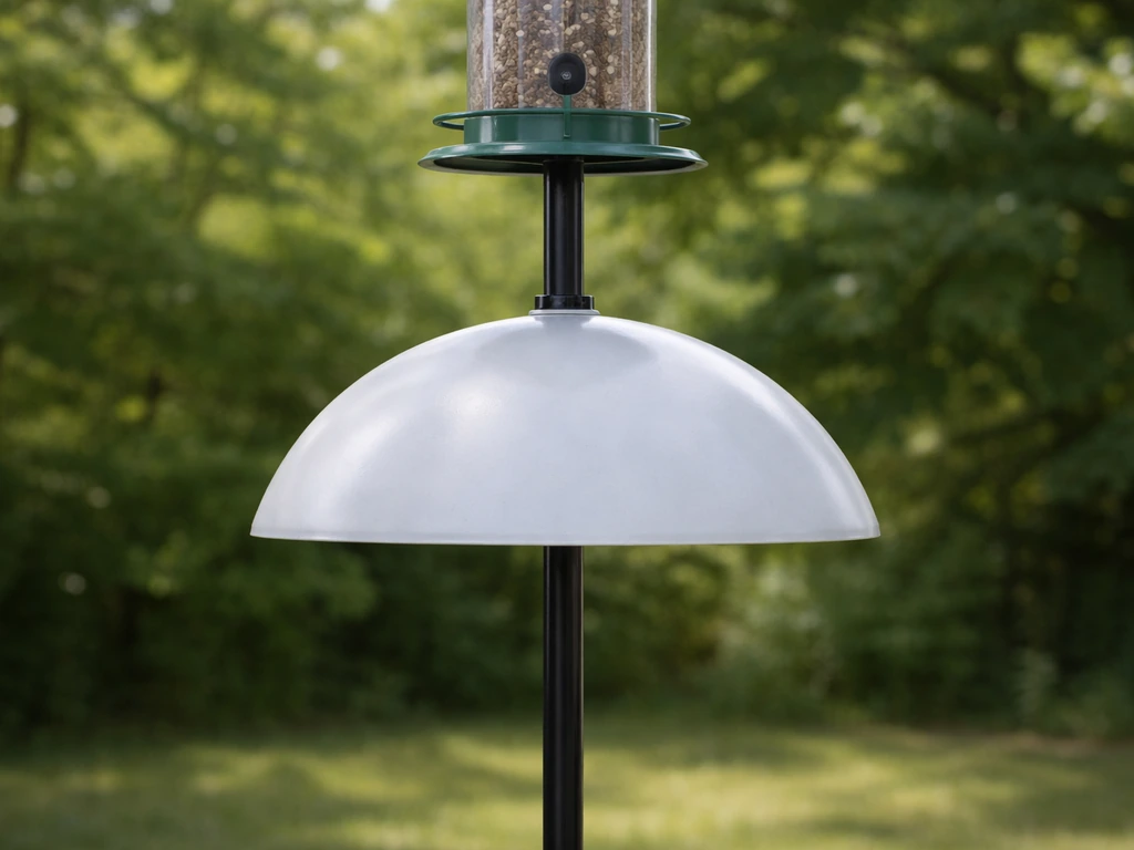 Smooth domed pole baffle mounted under a bird feeder to block squirrel access.