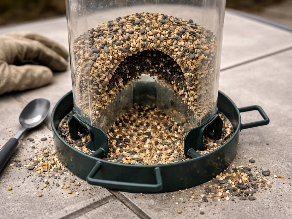 Open bird feeder reservoir showing a bridged seed clump blocking a feeding port, with debris cleaned out.