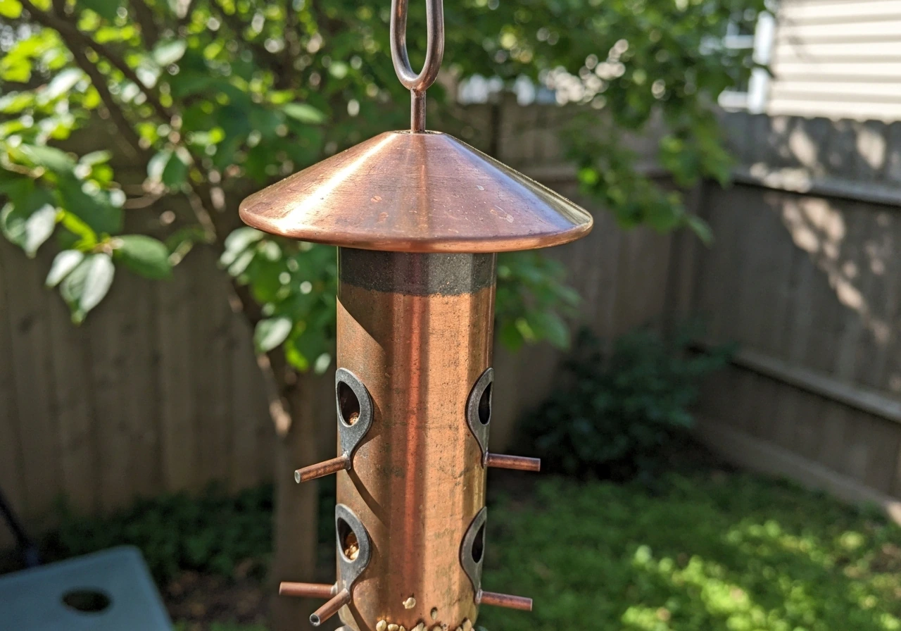 Close-up of a copper-top tube bird feeder hanging in a backyard with visible seed ports
