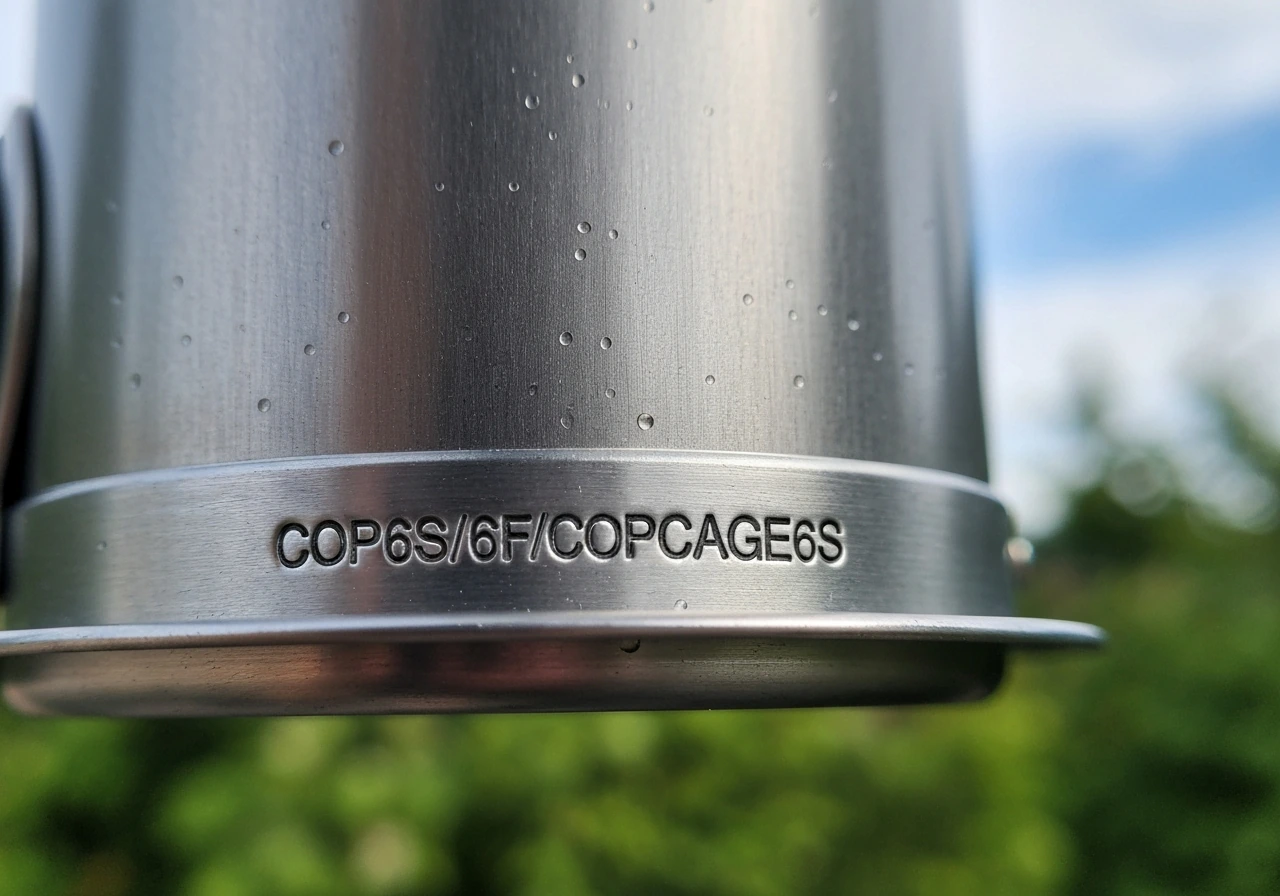 Close-up of a bird feeder showing a stamped item/model code on metal near the feeder base.