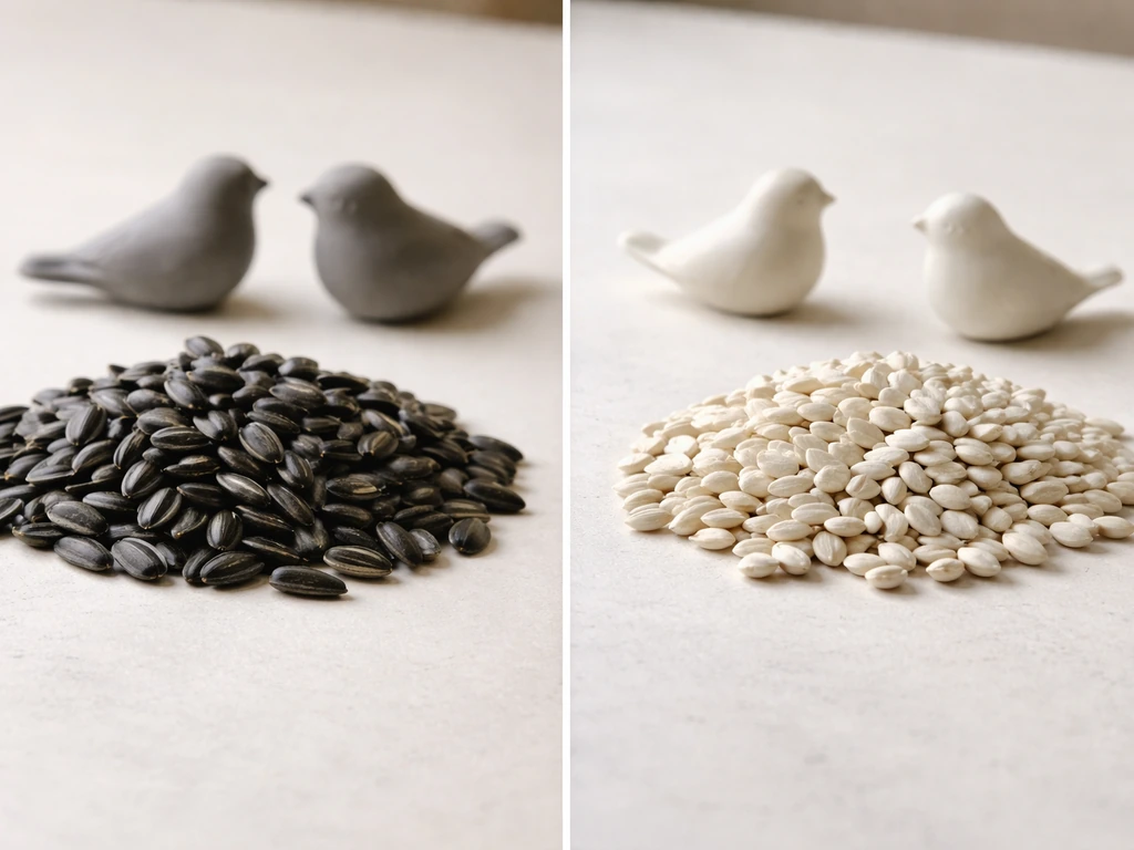 Two piles of sunflower and safflower seeds beside small bird silhouettes, suggesting bird-friendly seed pairing