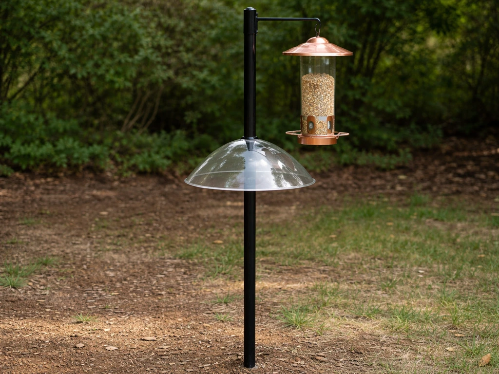 Pole-mounted baffle beside an uncaged copper-top tube feeder, showing a squirrel deterrent setup.