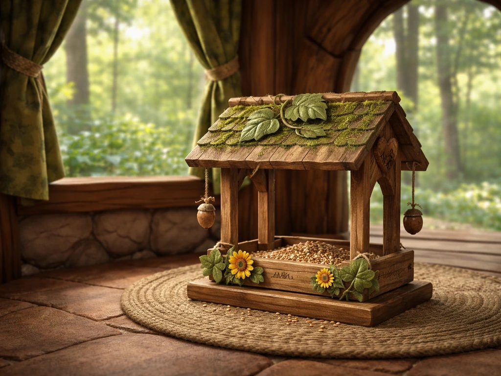 Animal Jam Classic forest-themed den with a prominent Bird Feeder decoration by an open window.