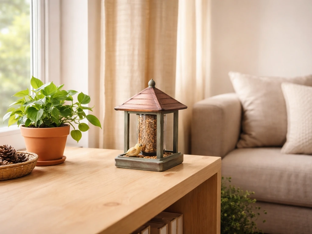 Cozy den corner with a decorative bird feeder ornament on a shelf, showing it as purely decorative.