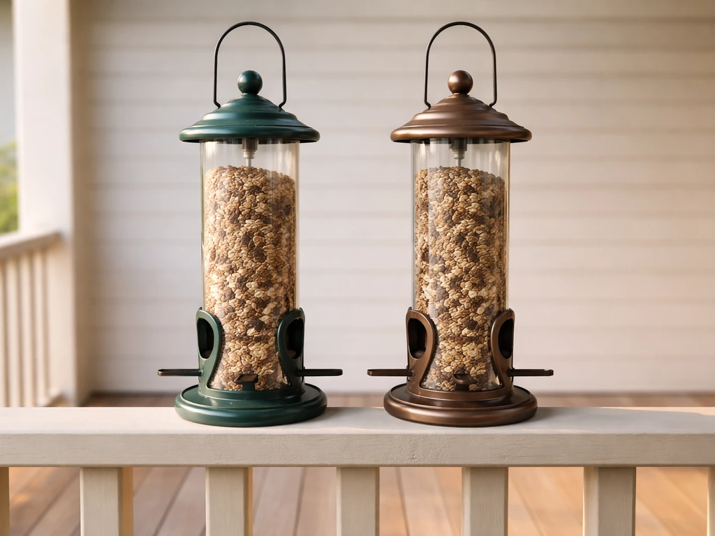 Minimal split-screen style photo showing two bird feeders on a sunlit porch for a quick comparison feel.