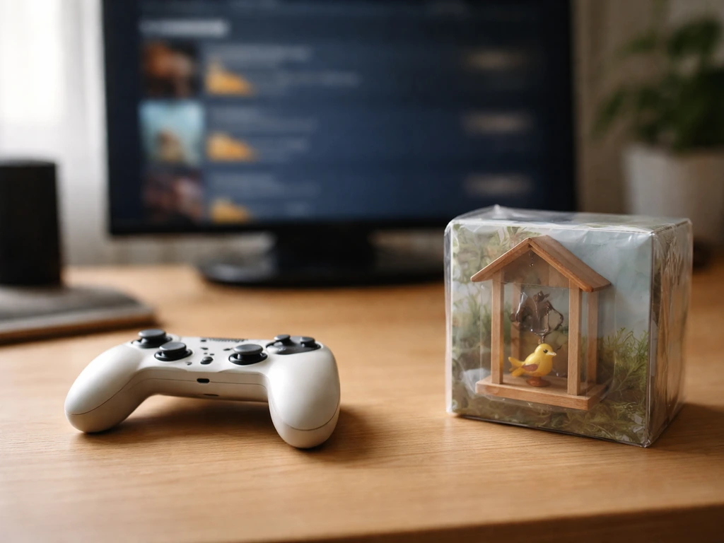 Minimal photo of a handheld gaming controller beside a small sealed bird feeder item, with a price-warning vibe