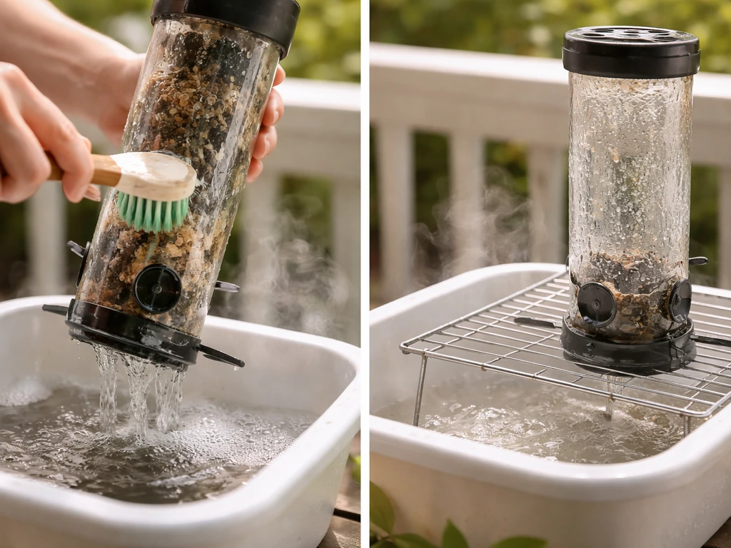 Close-up of a bird feeder being scrubbed, hot-water rinsed, then drying on a wire rack.