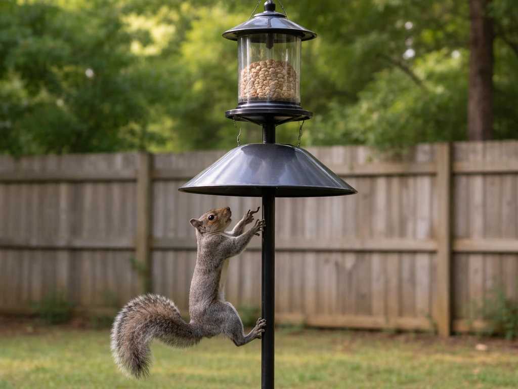 Gray squirrel reaching toward a pole bird feeder, blocked by a protective baffle/guard.