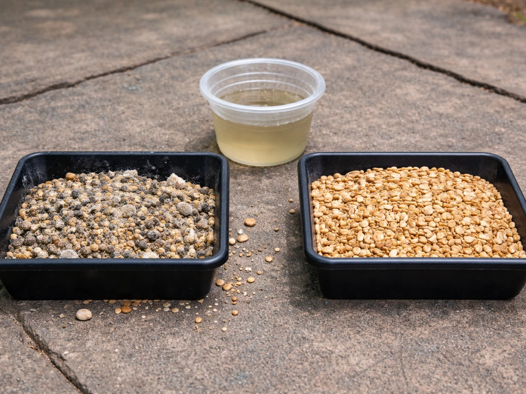 Birdseed tray with clumped, moldy seed beside a separate tray of fresh dry seed; stained nectar container nearby.