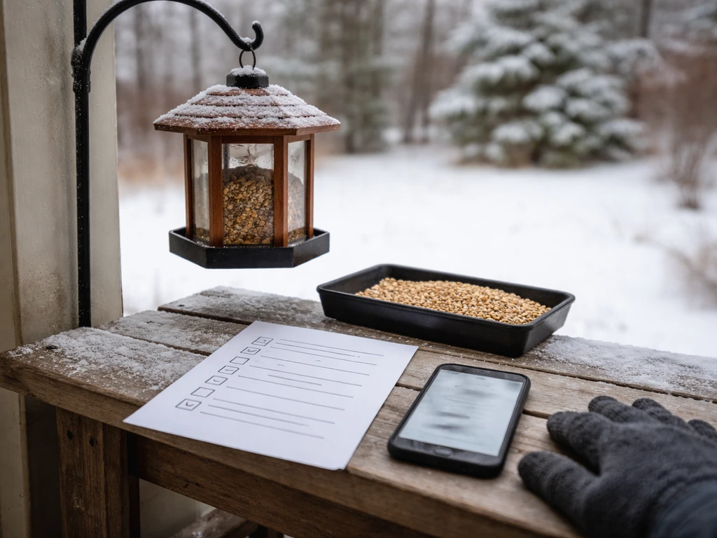 Winter-ready bird feeder setup with a printed checklist and a phone showing advisories beside clean feeders