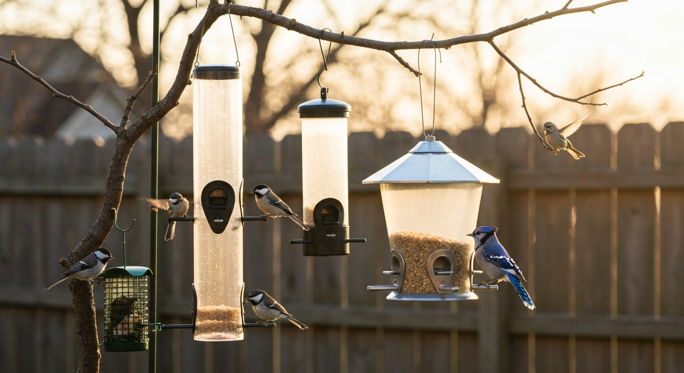 Backyard scene with tube, motorized spinner, and hopper-style bird feeders hung from a pole and branch, small songbirds feeding; warm late-afternoon light.