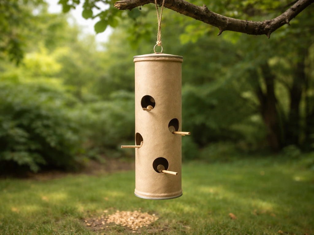 A homemade Pringles can bird feeder hangs outdoors with small side openings letting seeds show inside.