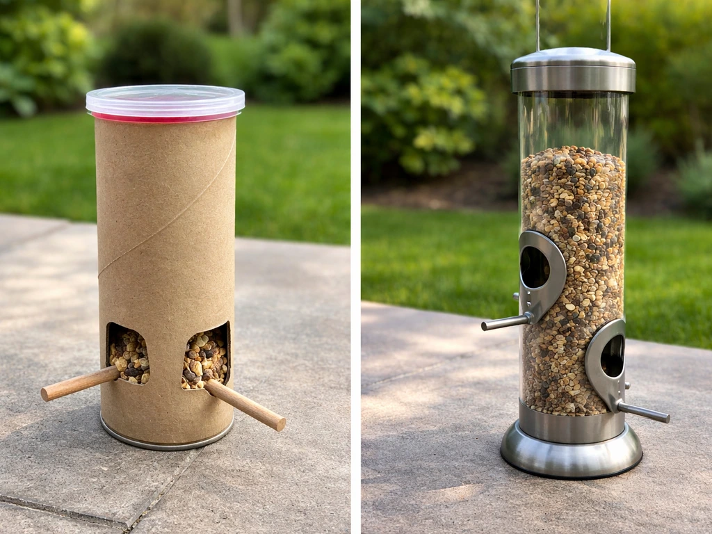 Side-by-side close-up of a Pringles-can tube feeder and a rigid commercial tube feeder.