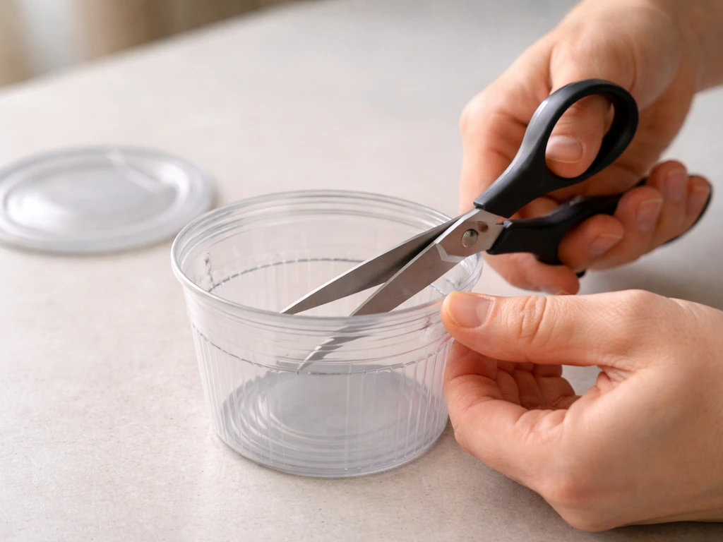 Close-up hands cutting a plastic can into a simple open cup feeder, lid removed and set aside.