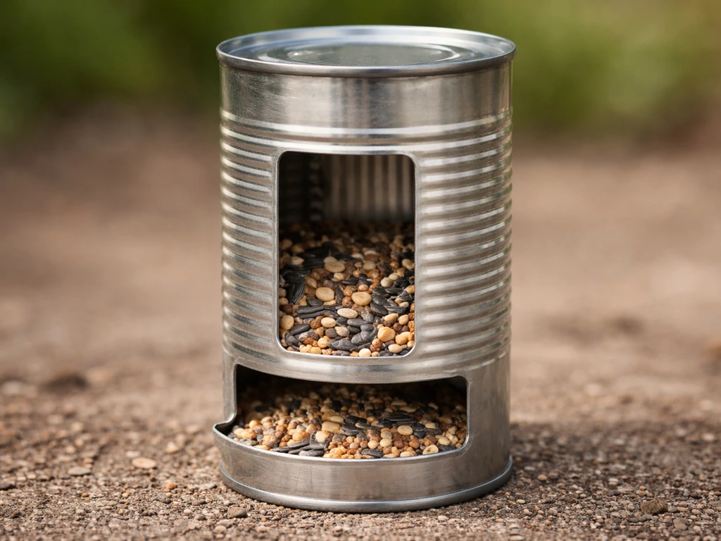 Gravity-fed seed feeder can with a rectangular side opening; seeds visible and hopper area below.