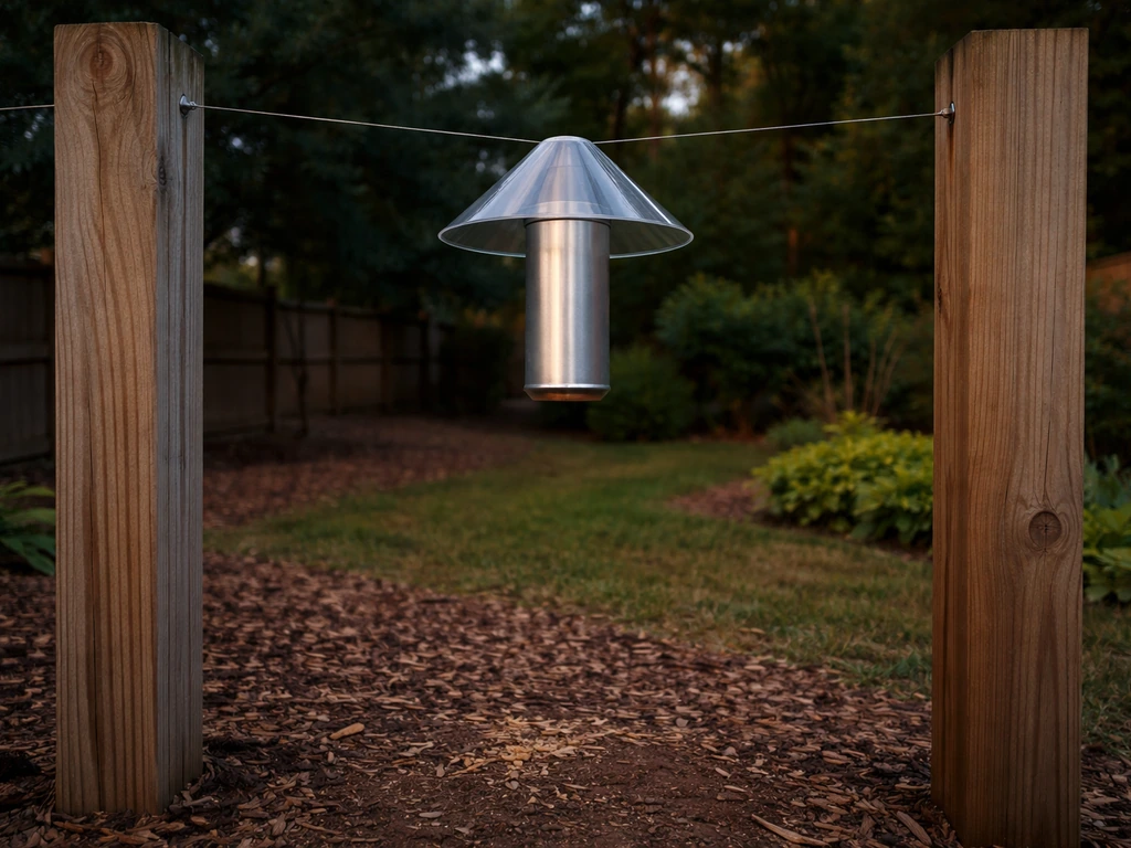 Clean, rinsed can feeder secured to thin wire with a baffle; tidied seeds on a backyard porch floor