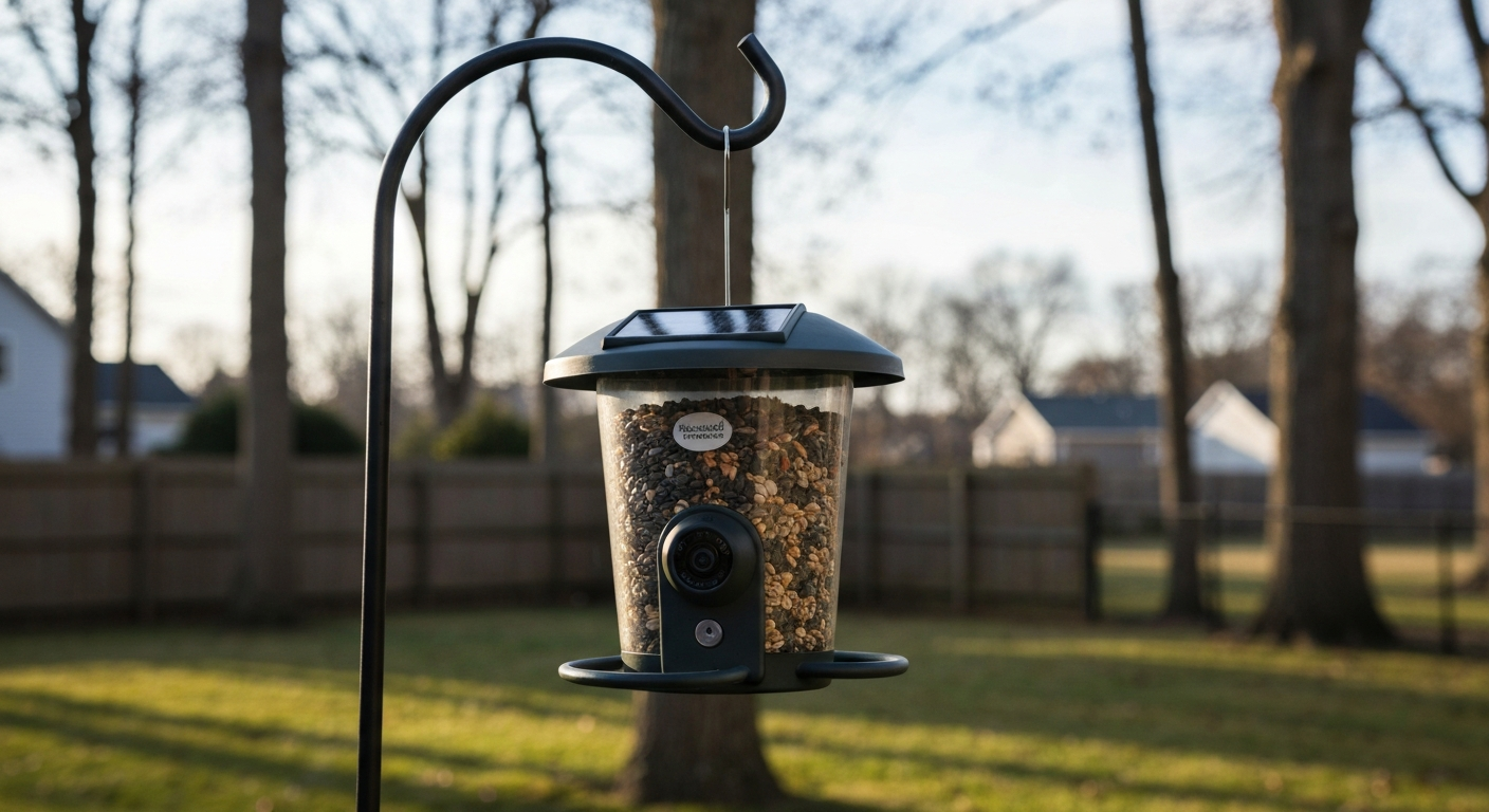 Tweety Feed Smart Bird Feeder hanging in a backyard, showing the integrated camera lens, seed hopper and small solar panel on top.