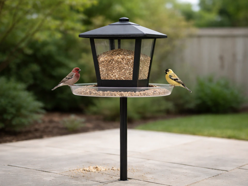 Low-mess bird feeder with a seed-catching tray, minimal spilled seed on a clean ground surface.