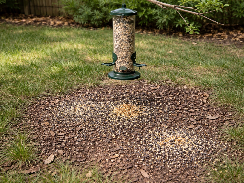 Backyard under a bird feeder showing scattered seed hulls, spilled seeds, and wider scatter on grass.