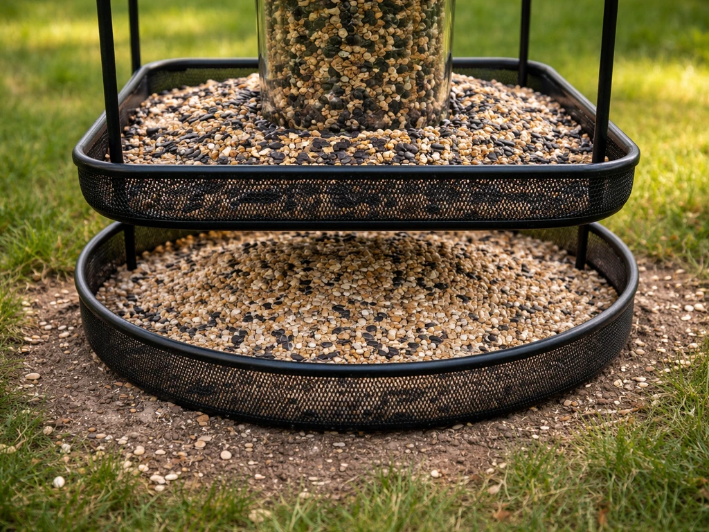 Close-up of a bird feeder catch tray collecting fallen seeds, with less mess on the grass beneath.