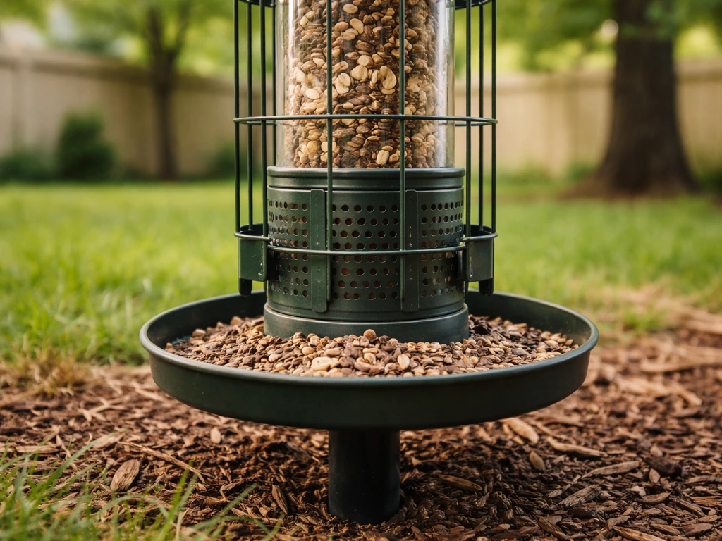 Close view of a squirrel-proof bird feeder showing vented seed tube and waste collected at the base.