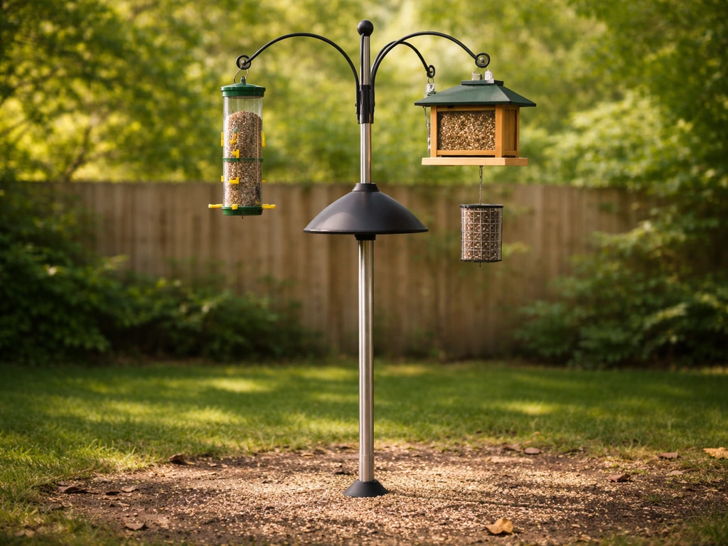 Backyard bird feeding pole system with squirrel baffle and multiple feeders at different heights.